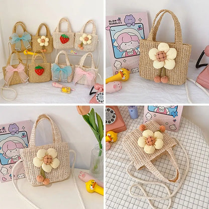 Handmade Woven Girl Straw Bag Summer Zipper Mesh Bow Crossbody Handbag Coin Purse Photo Props Kid Beach Bags