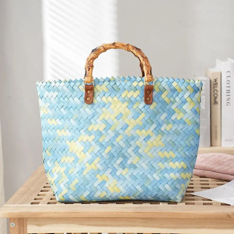 Vintage Bamboom Handle Rattan Women Handbags Wicker Woven Basket Bag Handmade Summer Beach Straw Bag Casual Small Tote Purses