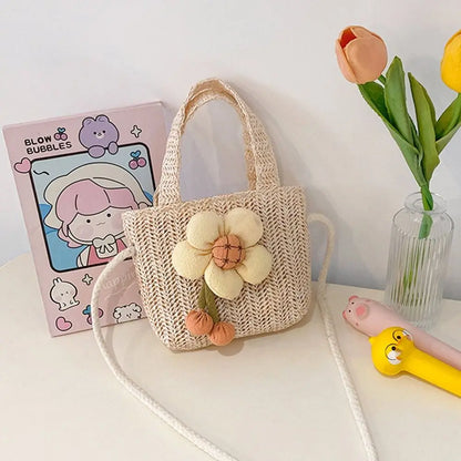 Handmade Woven Girl Straw Bag Summer Zipper Mesh Bow Crossbody Handbag Coin Purse Photo Props Kid Beach Bags