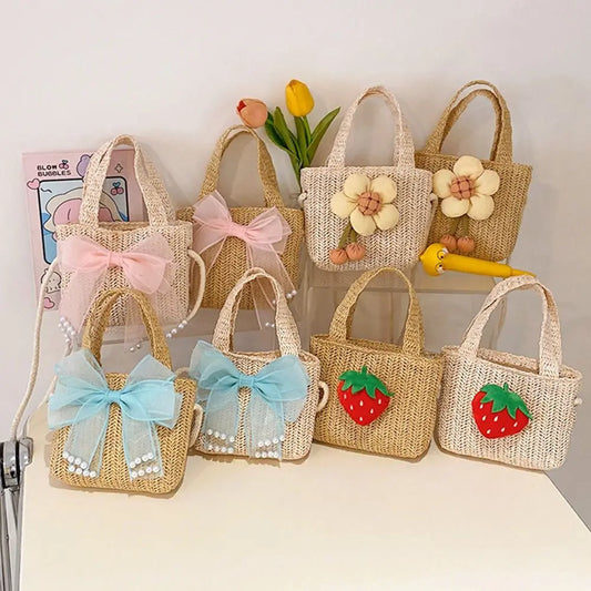 Handmade Woven Girl Straw Bag Summer Zipper Mesh Bow Crossbody Handbag Coin Purse Photo Props Kid Beach Bags