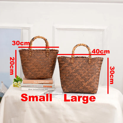 Vintage Bamboom Handle Rattan Women Handbags Wicker Woven Basket Bag Handmade Summer Beach Straw Bag Casual Small Tote Purses