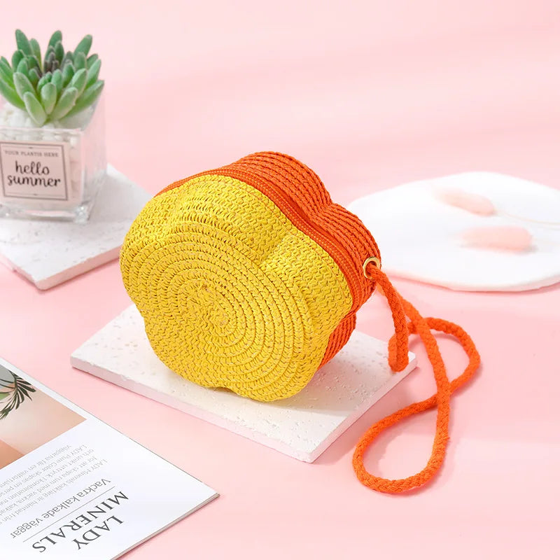 Summer Travel Children's Straw Shoulder Bags Flower Knitted Baby Girls Beach Coin Purse Seaside Cute Kids Woven Crossbody Bag
