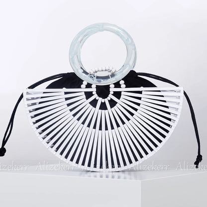 Vintage Half Round Bamboo Beach Handbags Women 2023 Summer Hollow Out Round Acrylic Handle Woven Straw Bags High Quality Holiday