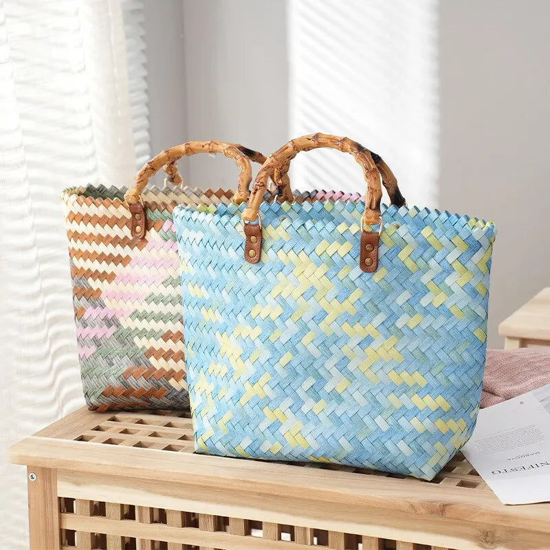 Vintage Bamboom Handle Rattan Women Handbags Wicker Woven Basket Bag Handmade Summer Beach Straw Bag Casual Small Tote Purses