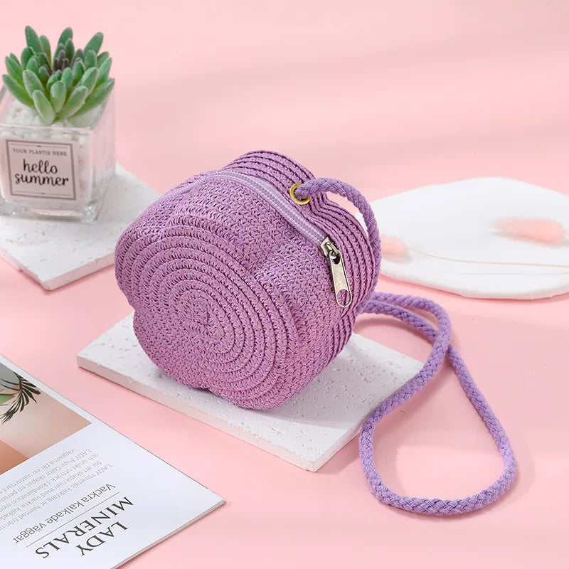 Summer Travel Children's Straw Shoulder Bags Flower Knitted Baby Girls Beach Coin Purse Seaside Cute Kids Woven Crossbody Bag