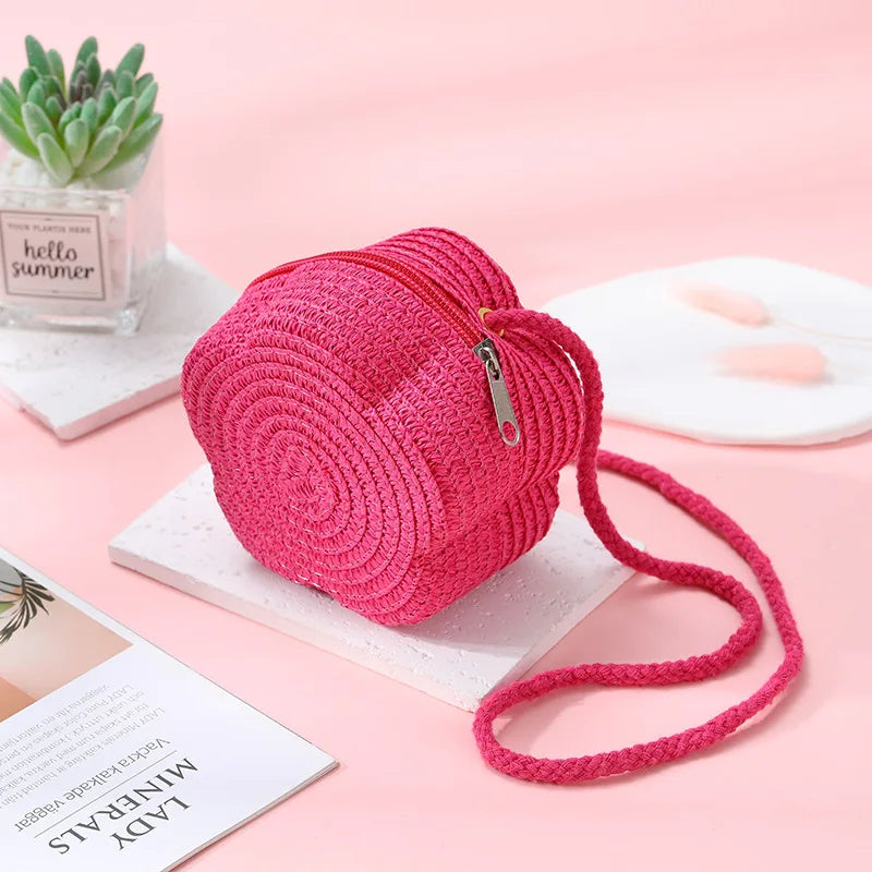 Summer Travel Children's Straw Shoulder Bags Flower Knitted Baby Girls Beach Coin Purse Seaside Cute Kids Woven Crossbody Bag