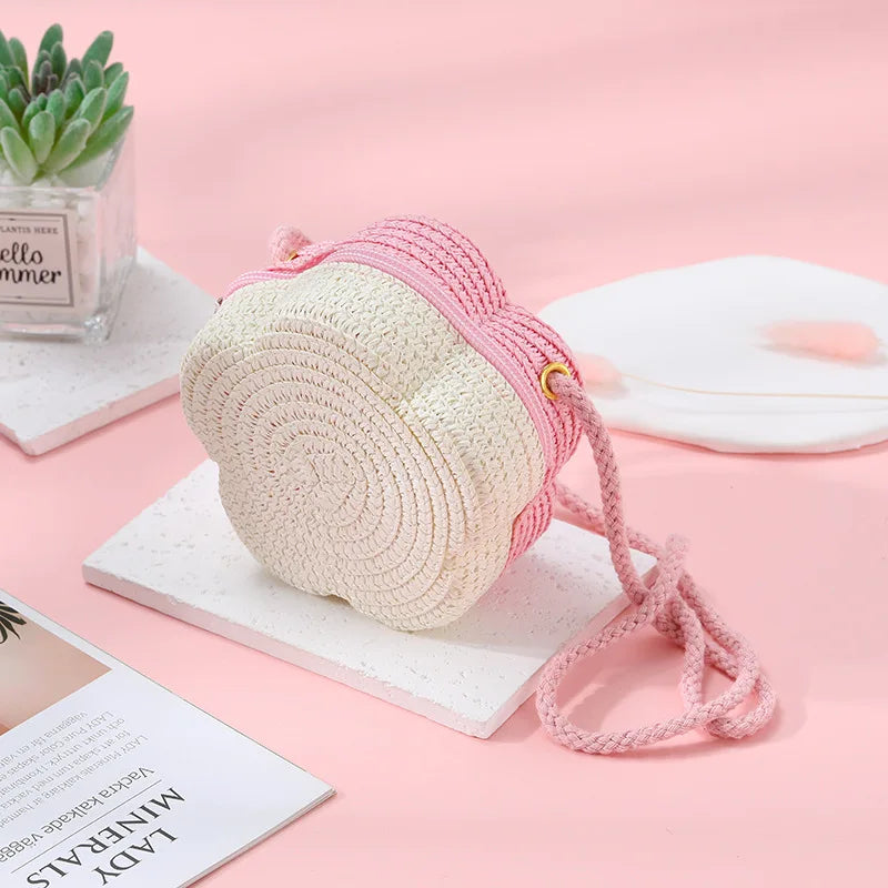 Summer Travel Children's Straw Shoulder Bags Flower Knitted Baby Girls Beach Coin Purse Seaside Cute Kids Woven Crossbody Bag