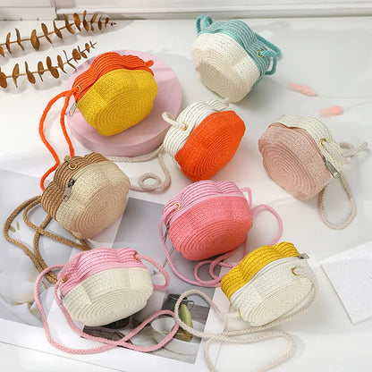Summer Travel Children's Straw Shoulder Bags Flower Knitted Baby Girls Beach Coin Purse Seaside Cute Kids Woven Crossbody Bag