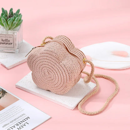 Summer Travel Children's Straw Shoulder Bags Flower Knitted Baby Girls Beach Coin Purse Seaside Cute Kids Woven Crossbody Bag