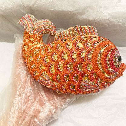 Red/Orange Fish Crystal Mini Evening Bag Diamond Women Dinner Purses Luxury Lady Rhinestone Bling Party Cocktail Handbags