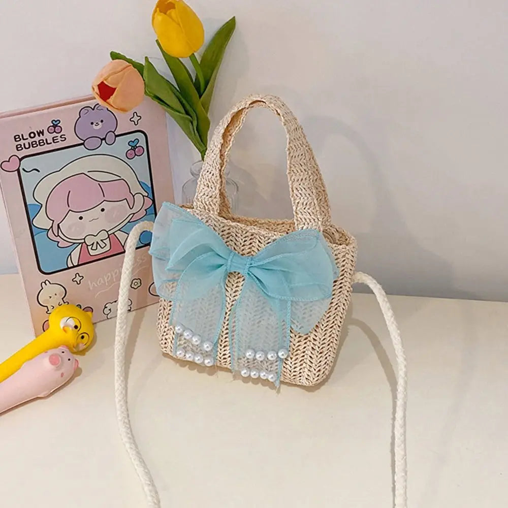 Handmade Woven Girl Straw Bag Summer Zipper Mesh Bow Crossbody Handbag Coin Purse Photo Props Kid Beach Bags