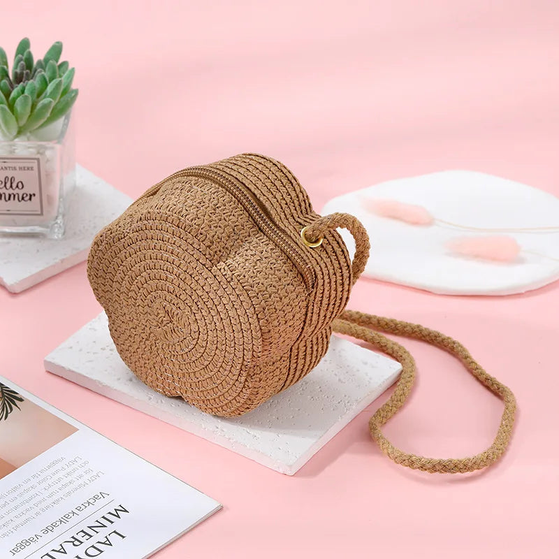 Summer Travel Children's Straw Shoulder Bags Flower Knitted Baby Girls Beach Coin Purse Seaside Cute Kids Woven Crossbody Bag