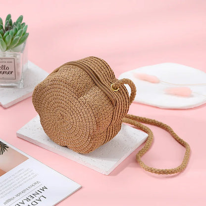 Summer Travel Children's Straw Shoulder Bags Flower Knitted Baby Girls Beach Coin Purse Seaside Cute Kids Woven Crossbody Bag