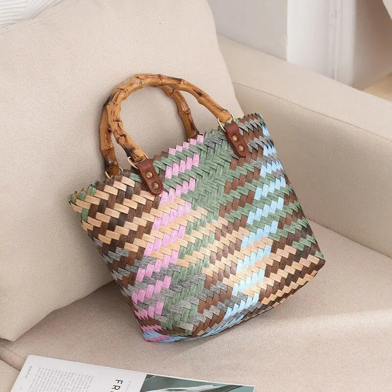 Vintage Bamboom Handle Rattan Women Handbags Wicker Woven Basket Bag Handmade Summer Beach Straw Bag Casual Small Tote Purses