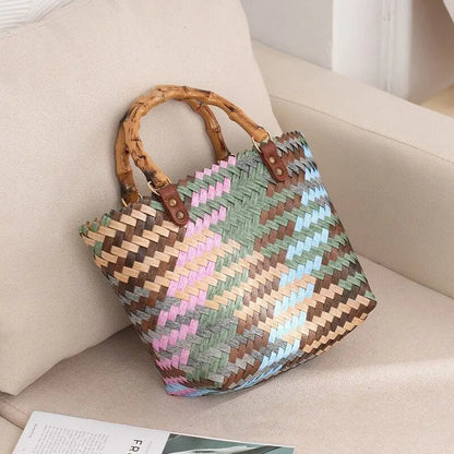 Vintage Bamboom Handle Rattan Women Handbags Wicker Woven Basket Bag Handmade Summer Beach Straw Bag Casual Small Tote Purses