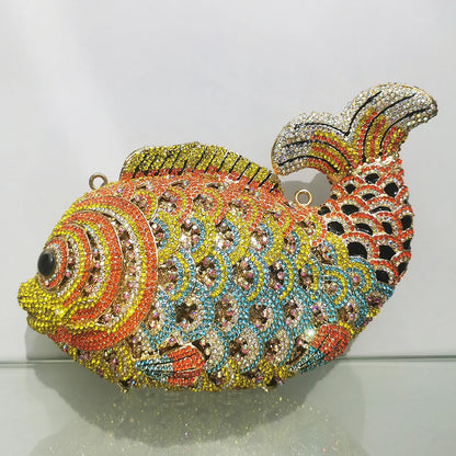 Red/Orange Fish Crystal Mini Evening Bag Diamond Women Dinner Purses Luxury Lady Rhinestone Bling Party Cocktail Handbags