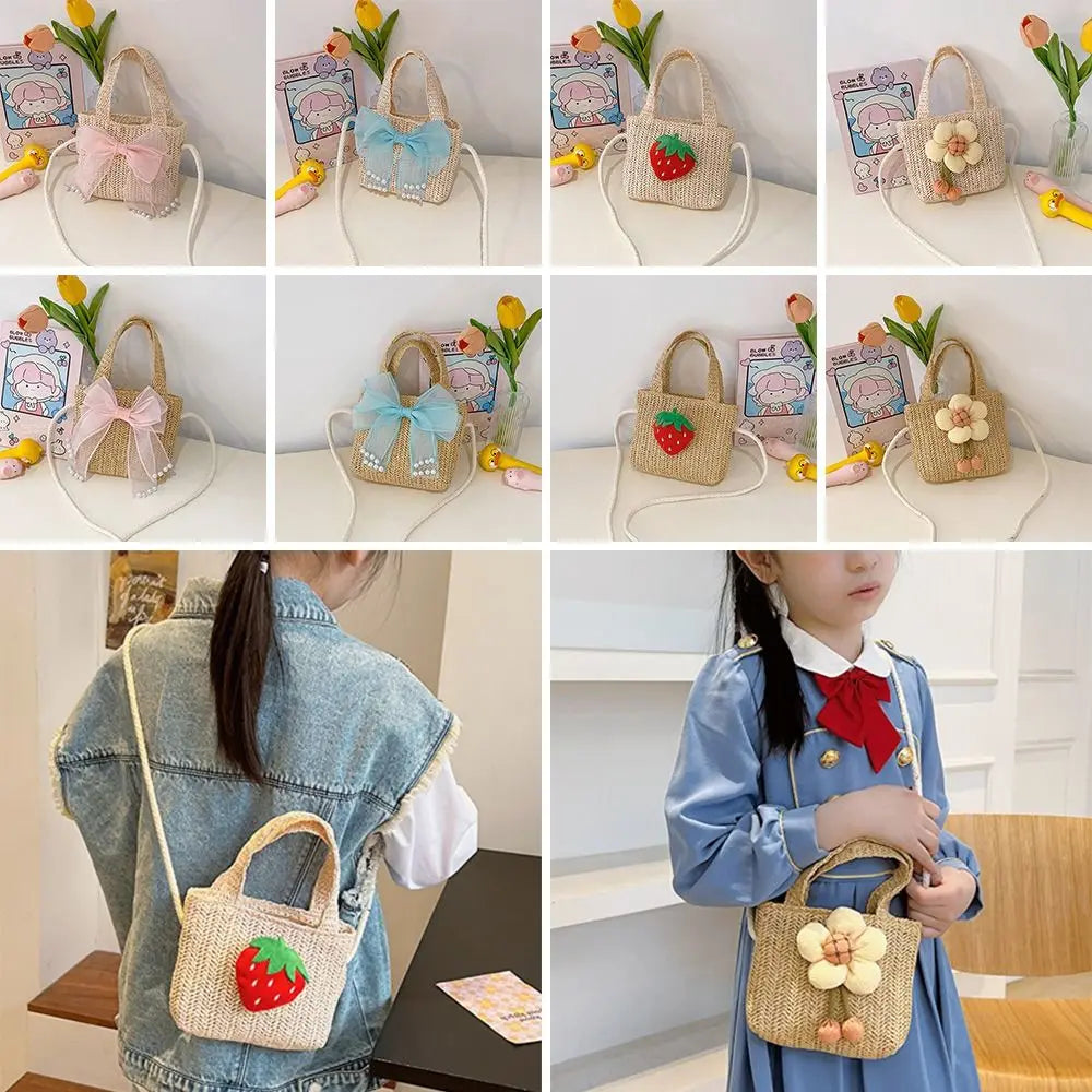 Handmade Woven Girl Straw Bag Summer Zipper Mesh Bow Crossbody Handbag Coin Purse Photo Props Kid Beach Bags