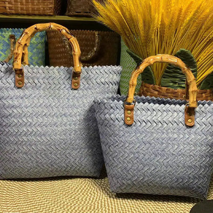 Vintage Bamboom Handle Rattan Women Handbags Wicker Woven Basket Bag Handmade Summer Beach Straw Bag Casual Small Tote Purses