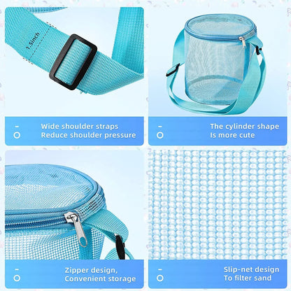 Mesh Beach Bag for Kids Toy Organizer Net Zipper Adjustable Shoulder Strap Storage Pouch Child Shell Collecting Bag Round Bucket