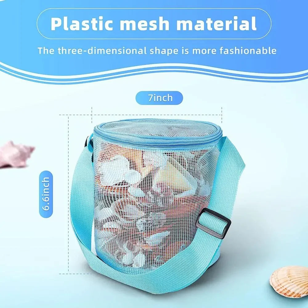 Mesh Beach Bag for Kids Toy Organizer Net Zipper Adjustable Shoulder Strap Storage Pouch Child Shell Collecting Bag Round Bucket