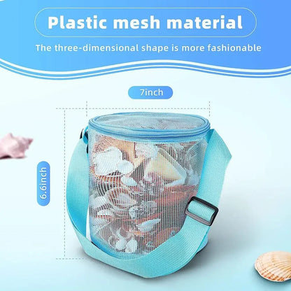 Mesh Beach Bag for Kids Toy Organizer Net Zipper Adjustable Shoulder Strap Storage Pouch Child Shell Collecting Bag Round Bucket