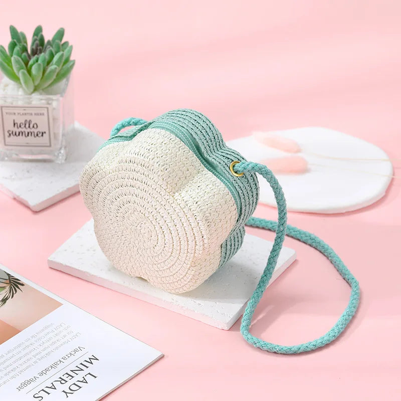 Summer Travel Children's Straw Shoulder Bags Flower Knitted Baby Girls Beach Coin Purse Seaside Cute Kids Woven Crossbody Bag