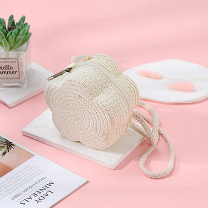 Summer Travel Children's Straw Shoulder Bags Flower Knitted Baby Girls Beach Coin Purse Seaside Cute Kids Woven Crossbody Bag