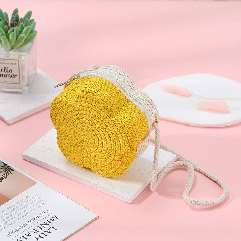 Summer Travel Children's Straw Shoulder Bags Flower Knitted Baby Girls Beach Coin Purse Seaside Cute Kids Woven Crossbody Bag