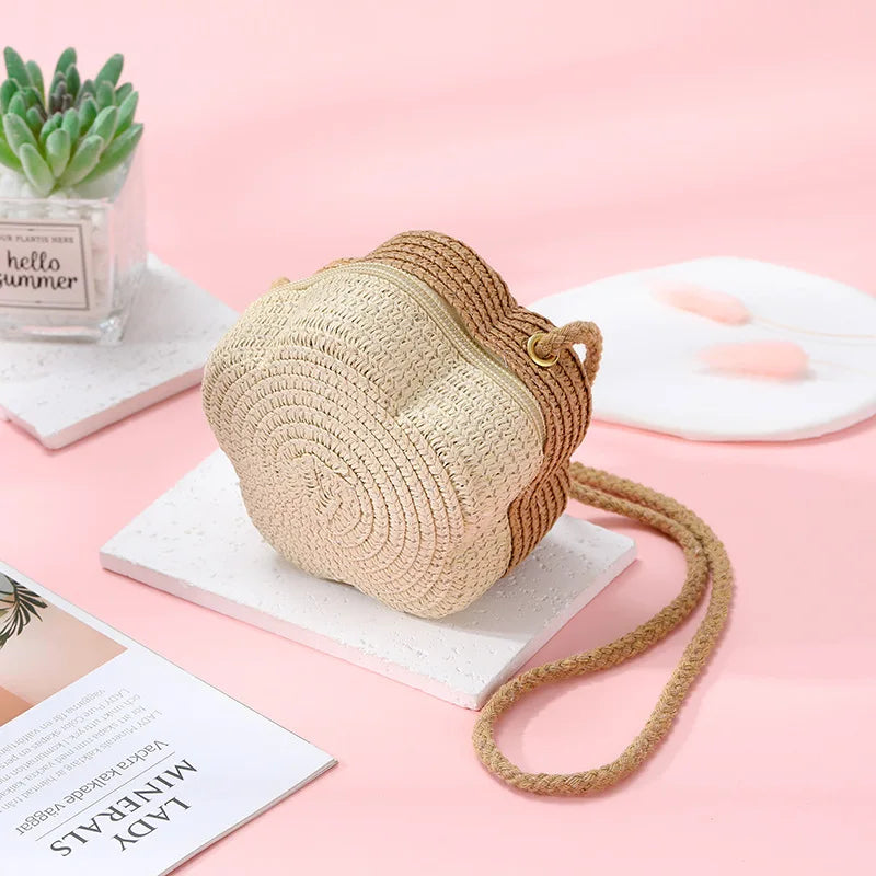 Summer Travel Children's Straw Shoulder Bags Flower Knitted Baby Girls Beach Coin Purse Seaside Cute Kids Woven Crossbody Bag
