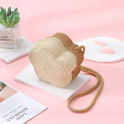 Summer Travel Children's Straw Shoulder Bags Flower Knitted Baby Girls Beach Coin Purse Seaside Cute Kids Woven Crossbody Bag