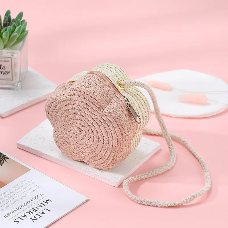 Summer Travel Children's Straw Shoulder Bags Flower Knitted Baby Girls Beach Coin Purse Seaside Cute Kids Woven Crossbody Bag