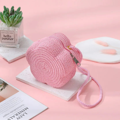 Summer Travel Children's Straw Shoulder Bags Flower Knitted Baby Girls Beach Coin Purse Seaside Cute Kids Woven Crossbody Bag