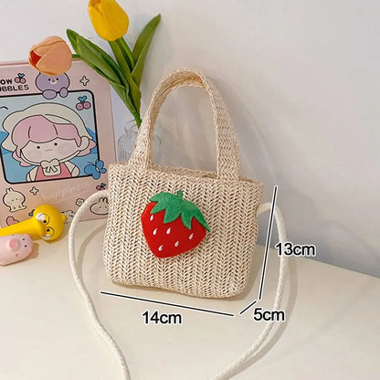 Handmade Woven Girl Straw Bag Summer Zipper Mesh Bow Crossbody Handbag Coin Purse Photo Props Kid Beach Bags