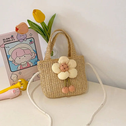 Handmade Woven Girl Straw Bag Summer Zipper Mesh Bow Crossbody Handbag Coin Purse Photo Props Kid Beach Bags